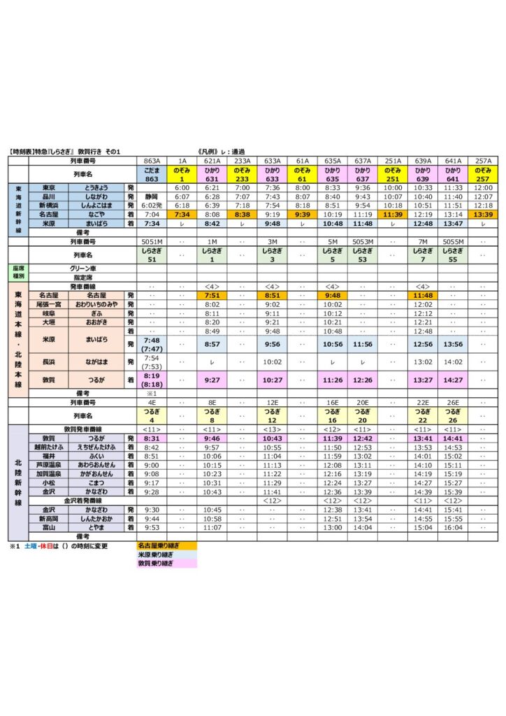【時刻表】特急『しらさぎ』 敦賀行き 2026年改正版