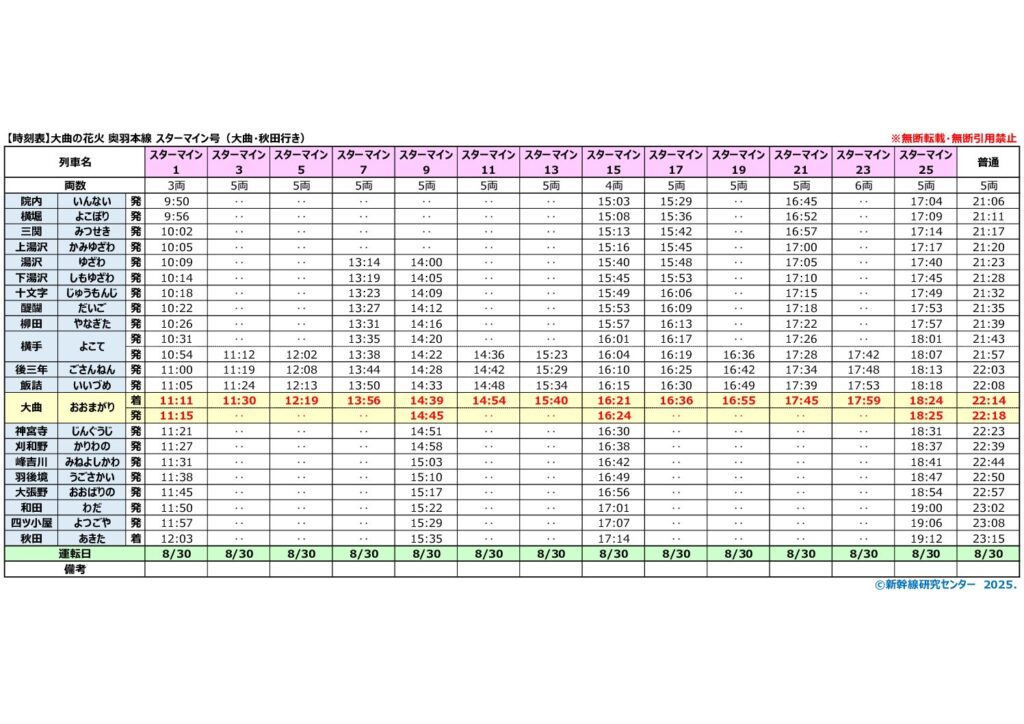 【時刻表】大曲の花火2025年 奥羽本線『スターマイン号』 大曲行き