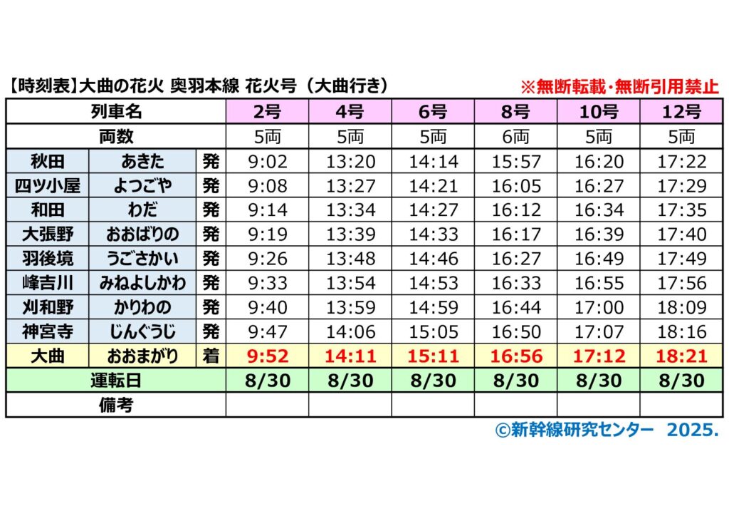 【時刻表】大曲の花火2025年 奥羽本線『花火号』 大曲行き