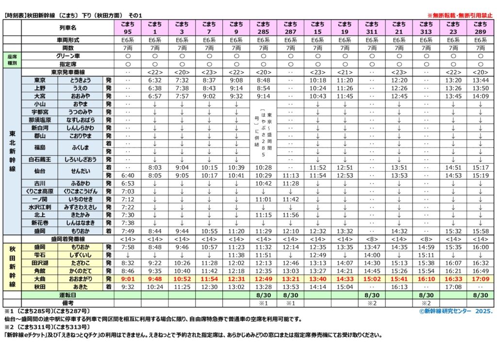 【時刻表】大曲の花火2025年 秋田新幹線『こまち』 大曲行き