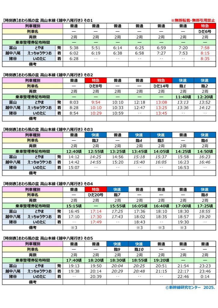【時刻表】おわら風の盆2025年 臨時列車 越中八尾行き